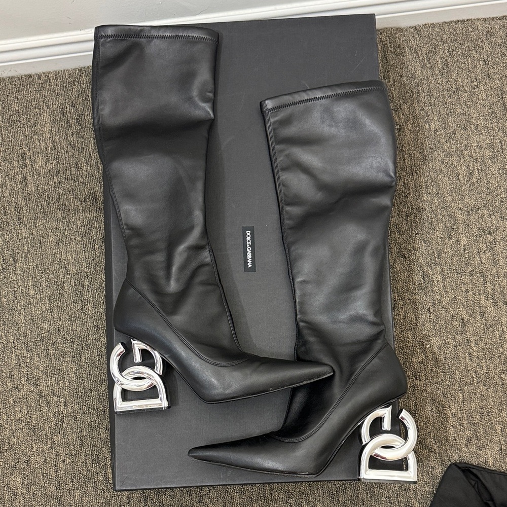Dolce & Gabbana Black Leather Knee-High Boots with Silver Logo Heels